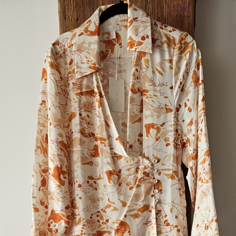 NWT COS Orange White Floral long sleeve midi Wrap Dress W/ pockets Sz 10 Medium